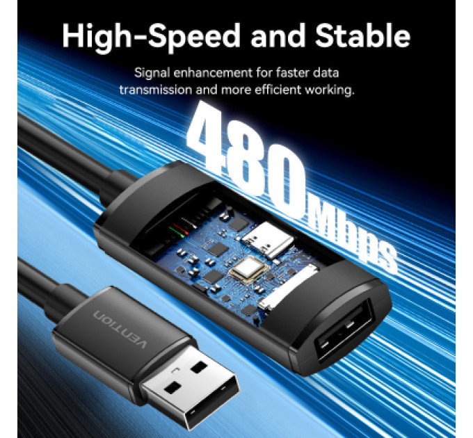 Vention Дата кабель USB 2.0 Type-A Male to Type-A Female Active Extension Cable 15M Black VENTION (CBKBN)