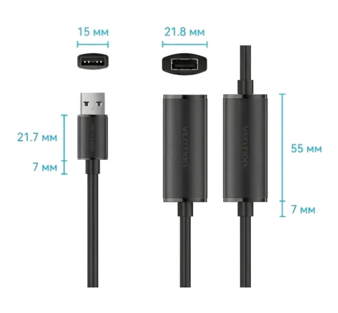 Vention Дата кабель USB 2.0 Type-A Male to Type-A Female Active Extension Cable 30M Black VENTION (CBKBT)
