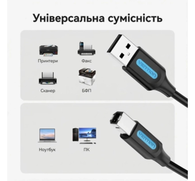 Vention Дата кабель USB 2.0 A Male to B Male Cable with Ferrite Cores 10M Black PVC Type VENTION (COQBL)