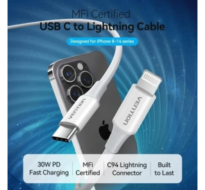 Vention Дата кабель USB 2.0 Type-C Male to Lightning Male 3A Cable 1M White PVC Type VENTION (LAKWF)