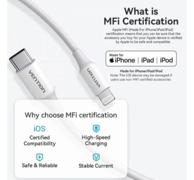 Vention Дата кабель USB 2.0 Type-C Male to Lightning Male 3A Cable 1M White PVC Type VENTION (LAKWF)