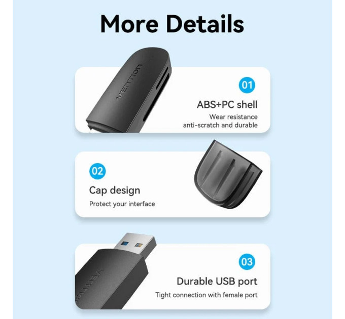 Vention Зчитувач флеш-карт 2-in-1 USB 3.0 A Card Reader(SD+TF) Black Dual Drive Letter VENTION (CLGB0)