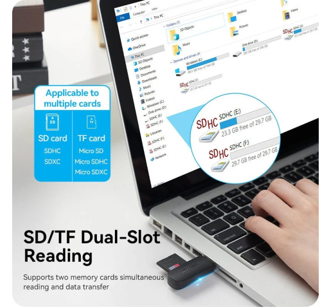 Vention Зчитувач флеш-карт 2-in-1 USB 3.0 A Card Reader(SD+TF) Black Dual Drive Letter VENTION (CLGB0)