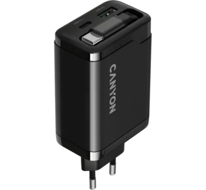 Canyon Зарядний пристрій Canyon 1xUSB-C PD65W + 1xUSB QC3.0 + cable USB-C to USB-C black (CNS-CURC65ACB)