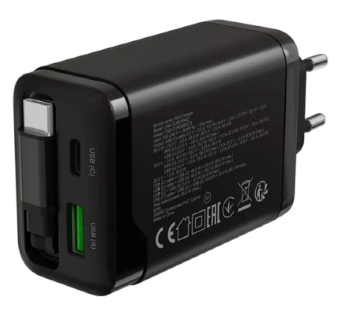 Canyon Зарядний пристрій Canyon 1xUSB-C PD65W + 1xUSB QC3.0 + cable USB-C to USB-C black (CNS-CURC65ACB)