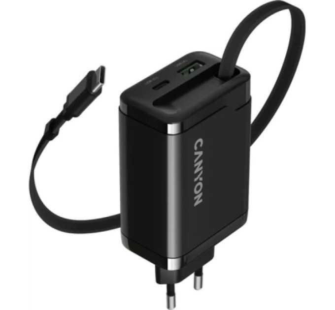 Canyon Зарядний пристрій Canyon 1xUSB-C PD65W + 1xUSB QC3.0 + cable USB-C to USB-C black (CNS-CURC65ACB)