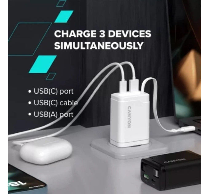 Canyon Зарядний пристрій Canyon 1xUSB-C PD65W + 1xUSB QC3.0 + cable USB-C to USB-C black (CNS-CURC65ACB)