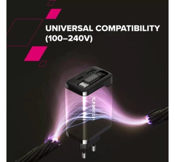 Canyon Зарядний пристрій Canyon 1xUSB-C PD65W + 1xUSB QC3.0 + cable USB-C to USB-C black (CNS-CURC65ACB)