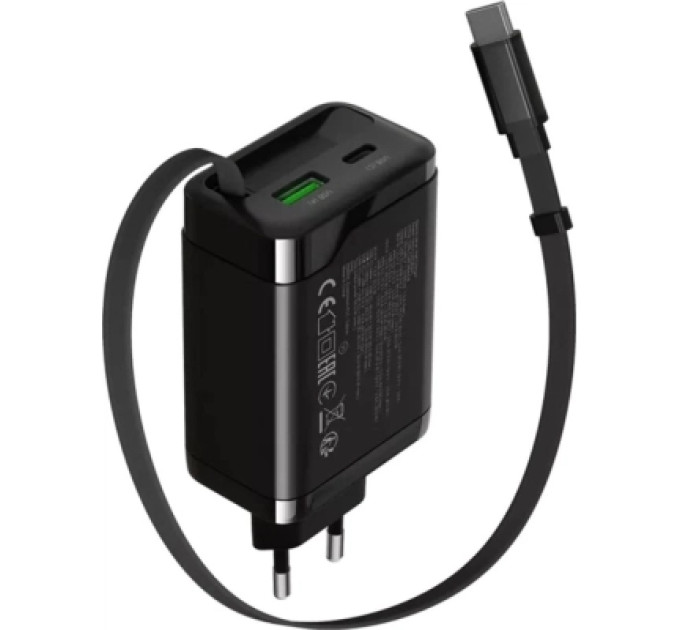 Canyon Зарядний пристрій Canyon 1xUSB-C PD65W + 1xUSB QC3.0 + cable USB-C to USB-C black (CNS-CURC65ACB)