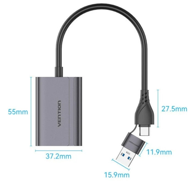 Vention Перехідник USB-C + USB-A to HDMI Adapter 0.15M Gray Aluminium Alloy Type VENTION (ACYHB)