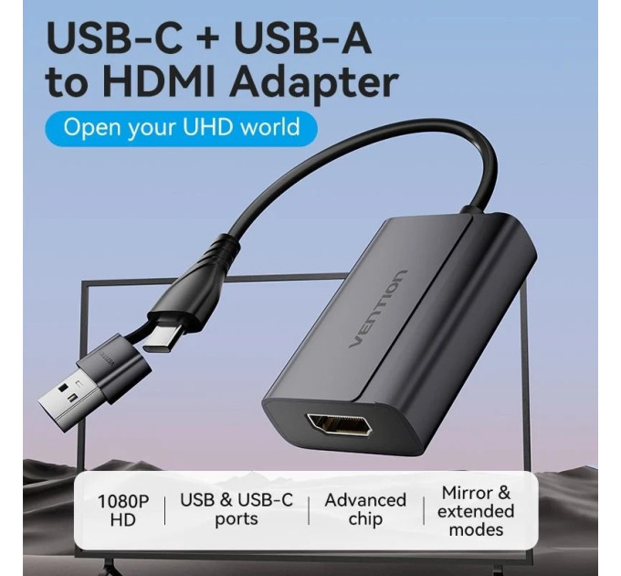 Vention Перехідник USB-C + USB-A to HDMI Adapter 0.15M Gray Aluminium Alloy Type VENTION (ACYHB)