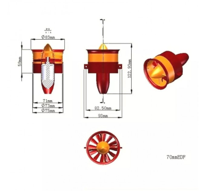 Двигун для дрона JP Hobby EDF Ducted Fan JP Hobby 70mm + 4-6S (7S*) Motor 2250Kv (CW) (JPH-CW)