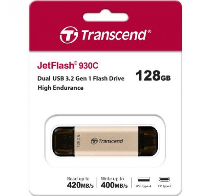 USB флеш накопичувач Transcend 128GB JetFlash 930 Gold-Black USB 3.2/Type-C (TS128GJF930C)