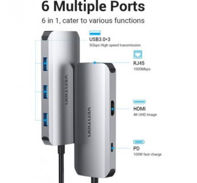 Концентратор Vention USB3.1 Type-C --> HDMI/USB 3.0x3/RJ45/PD 100W Hub 6-in-1 (TOHHB)