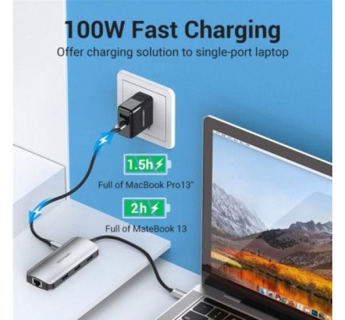 Концентратор Vention USB3.1 Type-C --> HDMI/USB 3.0x3/RJ45/PD 100W Hub 6-in-1 (TOHHB)