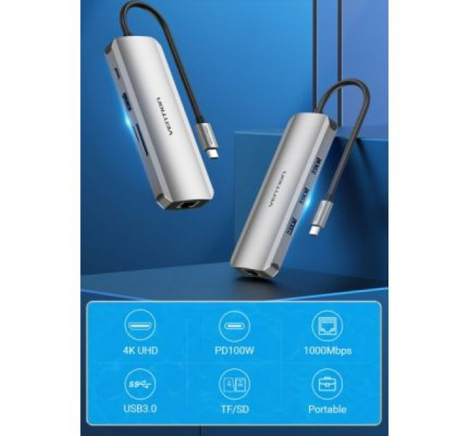 Концентратор Vention USB3.1 Type-C --> HDMI/USB 3.0x3/RJ45/SD/TF/PD 100W Hub 8-in (TOKHB)