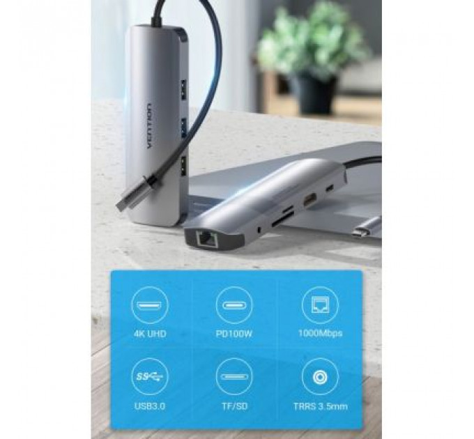 Концентратор Vention USB3.1 Type-C --> HDMI/USB 3.0x3/RJ45/SD/TF/TRRS 3.5mm/PD 10 (TOLHB)