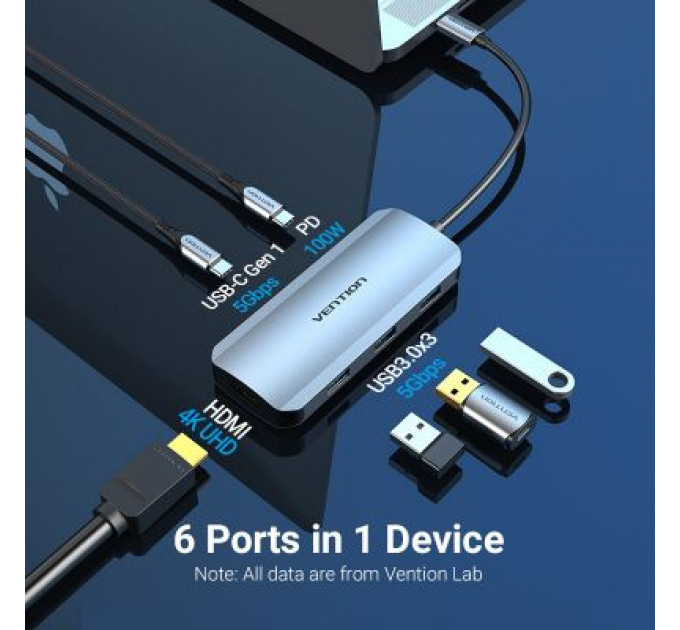 Концентратор Vention USB3.1 Type-C --> HDMI/USB-C Gen 1/USB 3.0x3/PD 100W Hub 6-i (TOFHB)