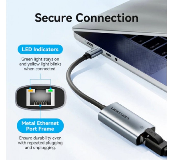 Перехідник USB-C to RJ45 Ethernet 1000Mbps black VENTION (CFPHB)