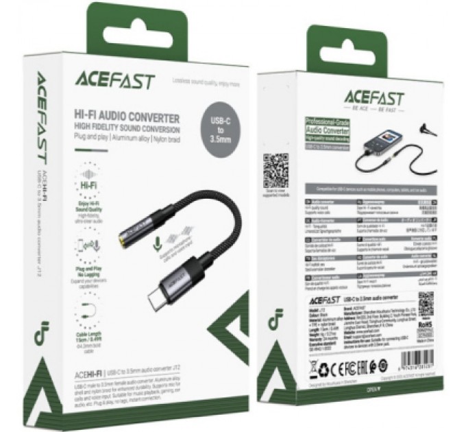 Перехідник USB-C to 3.5mm F 0.15m DAC audio black Acefast (6974316285281)