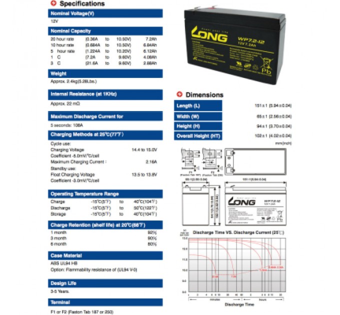 Батарея до ДБЖ Long 12В 7.2 Ач (WP7.2-12) (WP7.2-12A)