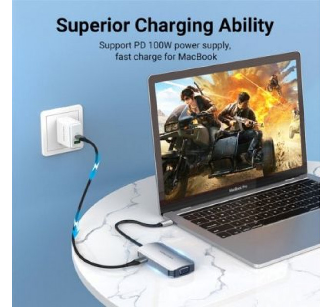 Концентратор Vention USB3.1 Type-C --> HDMI/VGA/USB 3.0/PD 100W Hub 4-in-1 (TOAHB)