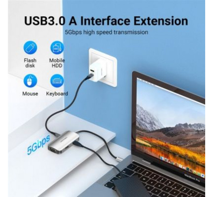 Концентратор Vention USB3.1 Type-C --> HDMI/VGA/USB 3.0/PD 100W Hub 4-in-1 (TOAHB)
