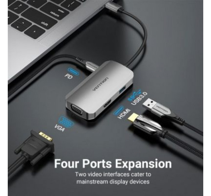Концентратор Vention USB3.1 Type-C --> HDMI/VGA/USB 3.0/PD 100W Hub 4-in-1 (TOAHB)