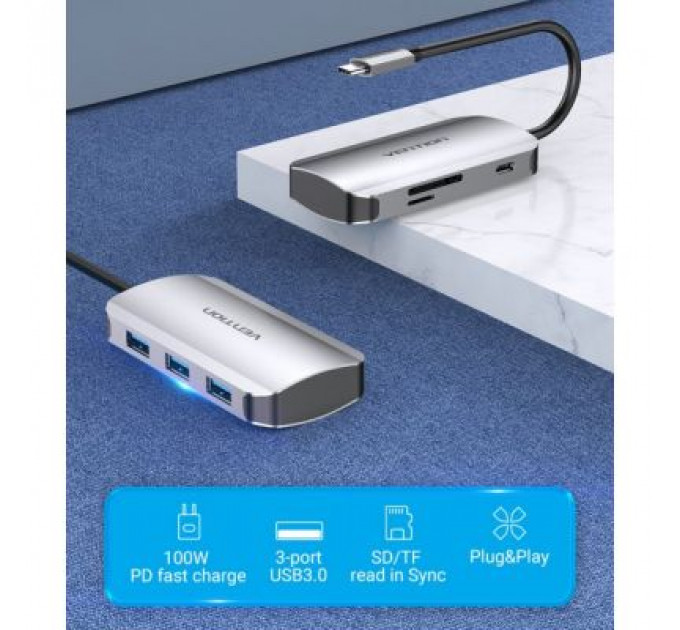 Концентратор Vention USB3.1 Type-C --> USB 3.0x3/SD/TF/PD 100W Hub 6-in-1 (TNHHB)