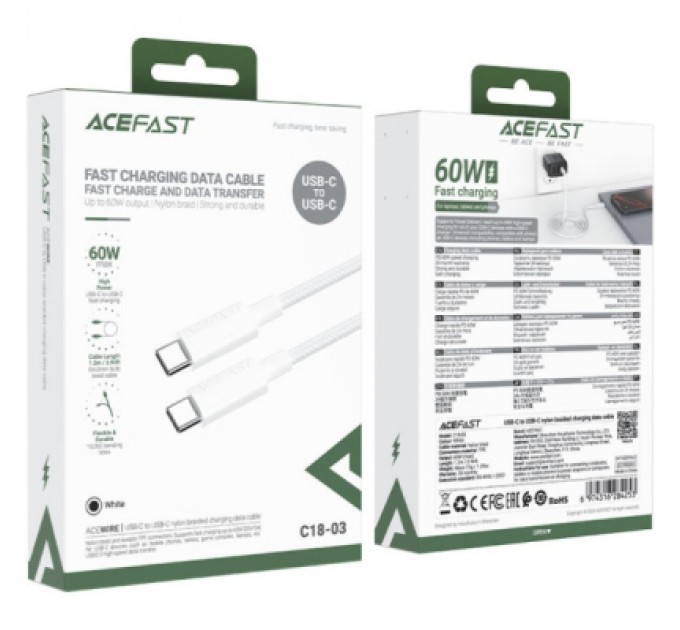 Дата кабель USB-C to USB-C 1.2m 3A white Acefast (6974316284253)