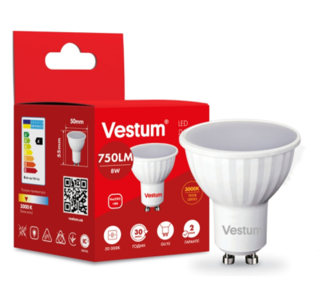 Vestum Лампочка Vestum MR16 8W 3000K 220V GU10 (1-VS-1507)