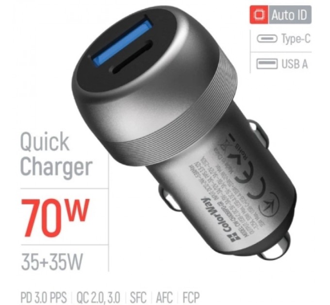 Зарядний пристрій ColorWay USB-C PD35W + USB QC3.0 car adapter (CW-CHA066PD-GR)