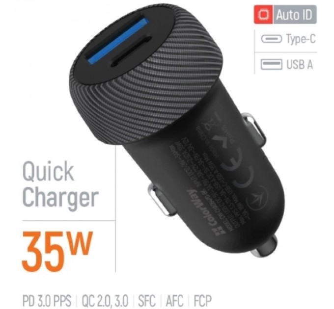 Зарядний пристрій ColorWay USB-C PD35W + USB QC3.0 car adapter (CW-CHA064PD-BK)