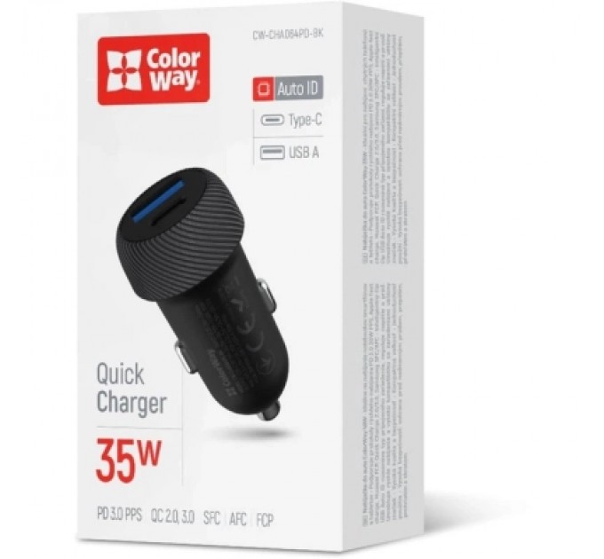 Зарядний пристрій ColorWay USB-C PD35W + USB QC3.0 car adapter (CW-CHA064PD-BK)