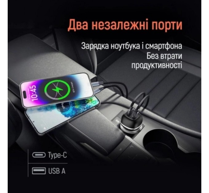 Зарядний пристрій ColorWay USB-C PD45W + USB QC3.0 car adapter (CW-CHA067PD-BK)