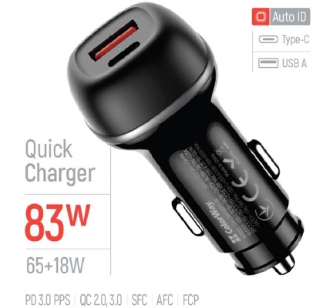 Зарядний пристрій ColorWay USB-C PD65W + USB QC3.0 car adapter (CW-CHA068PD-BK)