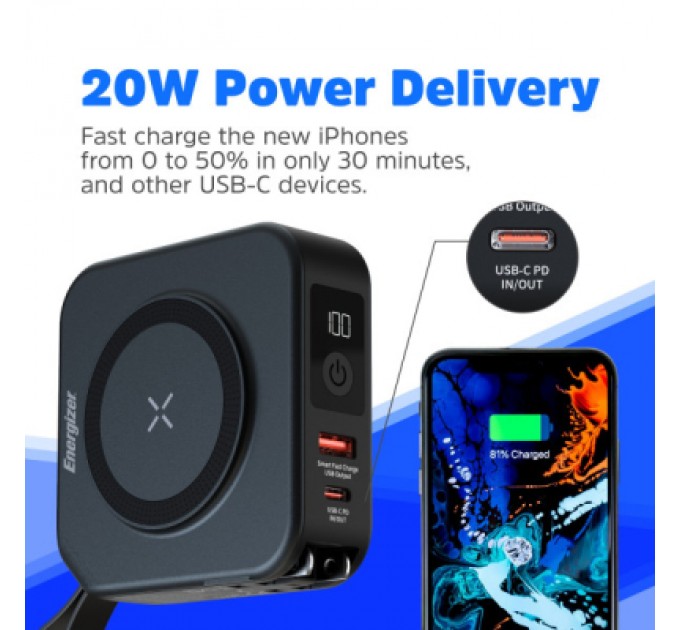 Батарея універсальна Energizer Magnetic Wireless 10000mAh 20W PD, AC зарядка, QI/15W, built-in USB-C (QM10001AC)