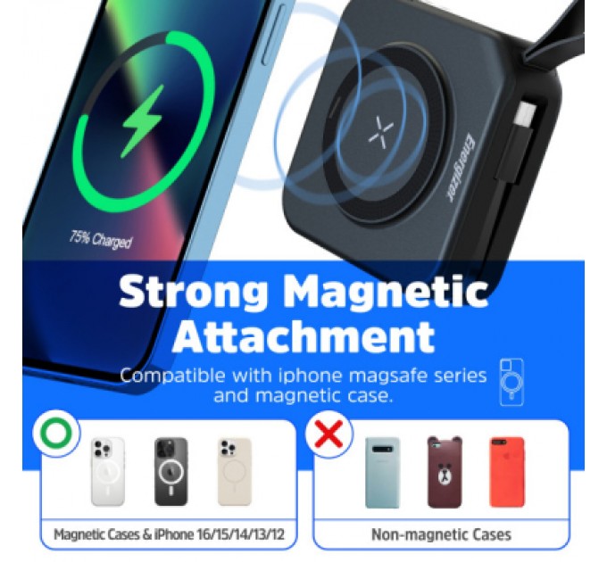 Батарея універсальна Energizer Magnetic Wireless 10000mAh 20W PD, AC зарядка, QI/15W, built-in USB-C (QM10001AC)