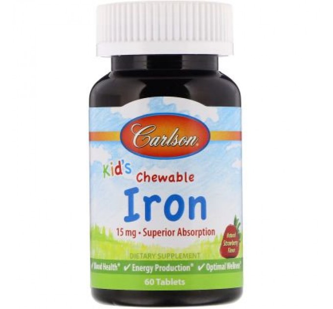 Мінерали Carlson Залізо Дитяче, 15 мг, смак полуниці, Kid's Chewable Iron, 60 жуватий (CAR-55940)