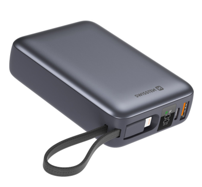 Swissten Батарея універсальна SWISSTEN 20000mAh SPACE 22/5W PD QC w/built-in cables USB-C/LIGHTNING Silver (8595217490598)