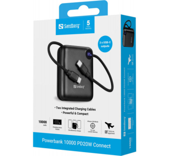 Sandberg Батарея універсальна Sandberg 10000mAh PD/3.1/20W, QC/3.0, USB-C In/Out, with 2 cables USB-C (421-26)