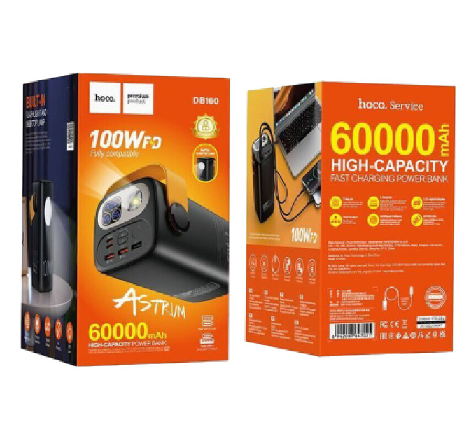HOCO Батарея універсальна HOCO 60000mAh Astrum PD/100W, QC/3.0, LED lamp, Black (DB160 / 714724)