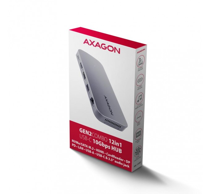 Багатопортовий USB-C хаб 10 Гбіт/с. NVMe/SATA M.2, HDMI та DisplayPort. Кабель USB-C 50 см AXAGON