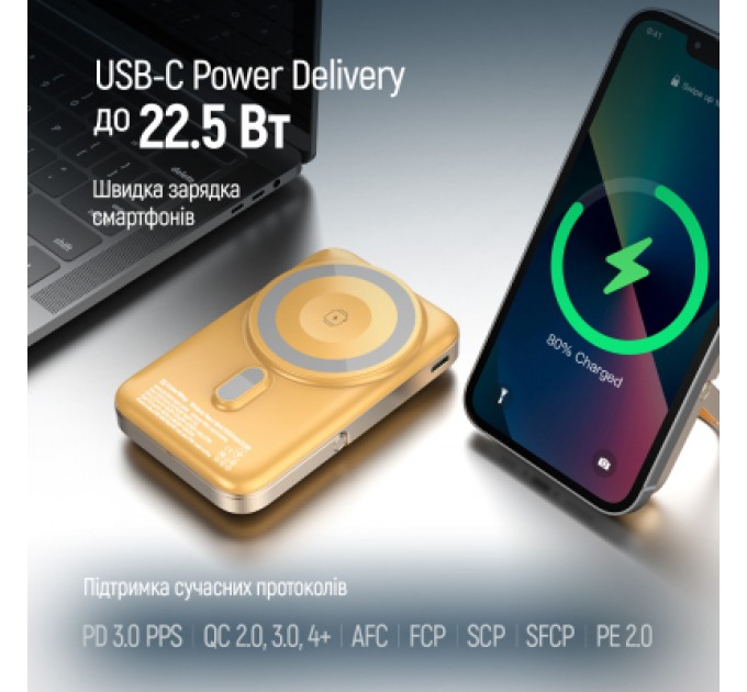 Батарея універсальна ColorWay 10 000 mAh PD/22.5W, 15W MagSafe & Watch Wireless Amber (CW-PB100LPA2Y-WPDD)