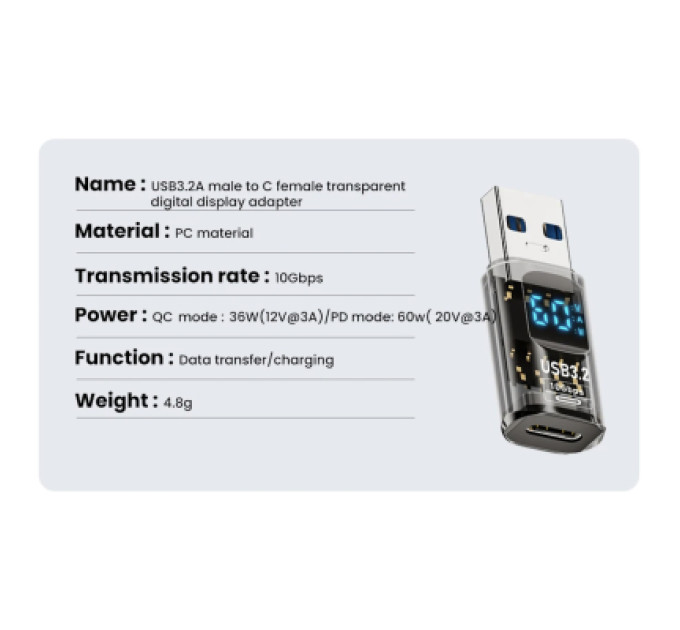 XoKo Перехідник USB 3.2 AM to USB-C F 10Gbps QC 36W PD60W with display XoKo (AC-230TCU)