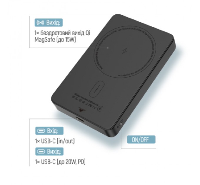 Батарея універсальна ColorWay 10 000 mAh PD/22.5W, 15W MagSafe Black (CW-PB100LPA1BK-WPDD)