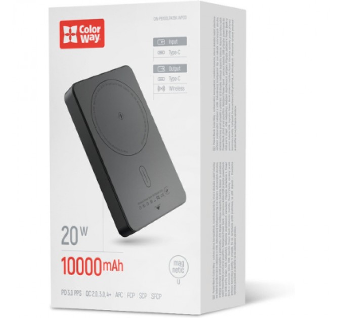 Батарея універсальна ColorWay 10 000 mAh PD/22.5W, 15W MagSafe Black (CW-PB100LPA1BK-WPDD)