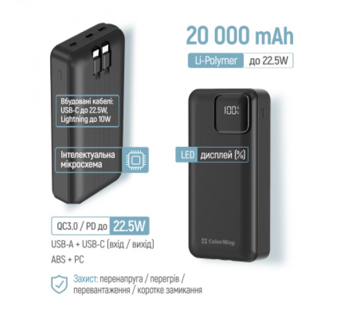 Батарея універсальна ColorWay 20 000 mAh Optimal Power PD/22.5W, QC/3.0, Black (CW-PB200LPB5BK-PDD)