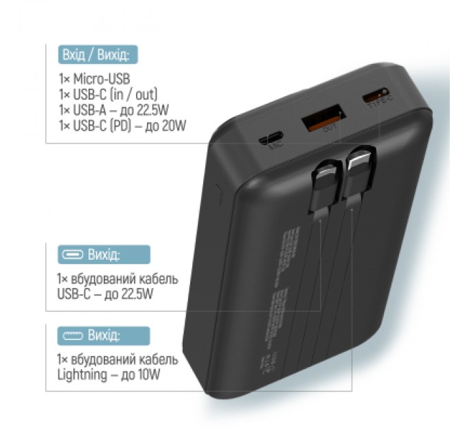 Батарея універсальна ColorWay 20 000 mAh Optimal Power PD/22.5W, QC/3.0, Black (CW-PB200LPB5BK-PDD)