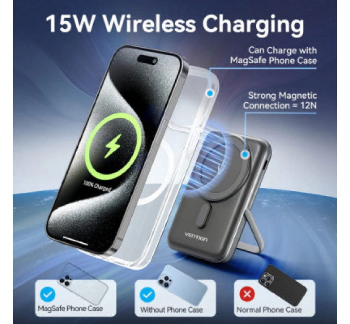 Vention Батарея універсальна VENTION Magnetic Wireless 10000mAh 20W PD USB-C In/Out, QI-15W Black (FHNB0)